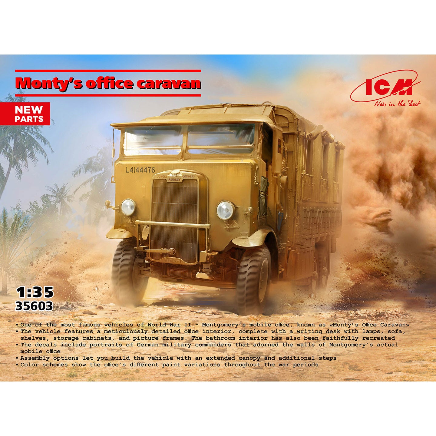 Monty’s office caravan Scale 1:35 ICM35603 Plastic Model Truck Kit