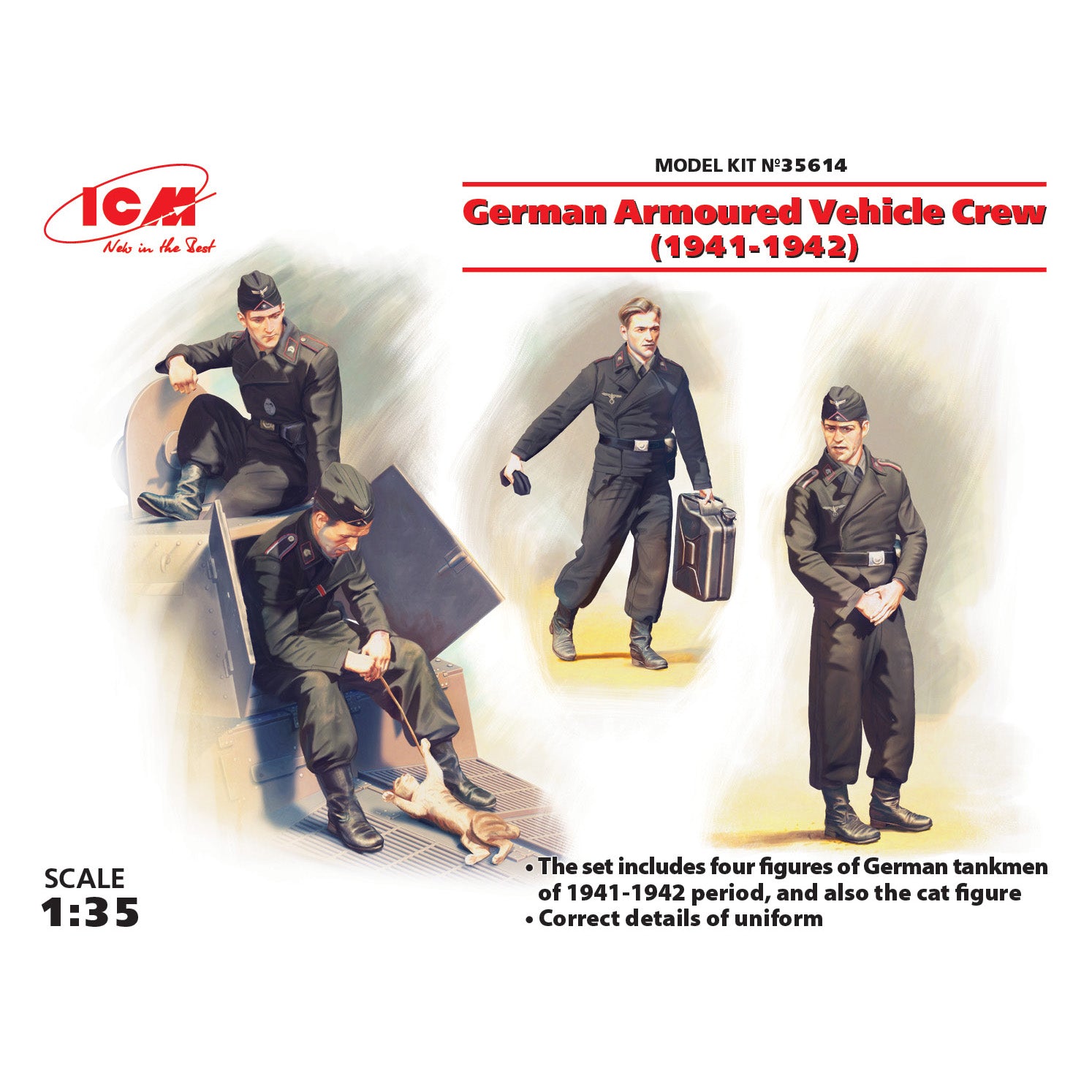 ICM35614 model kit 1:35 German Armoured Vehicle Crew 1941-1942 4 figures and cat