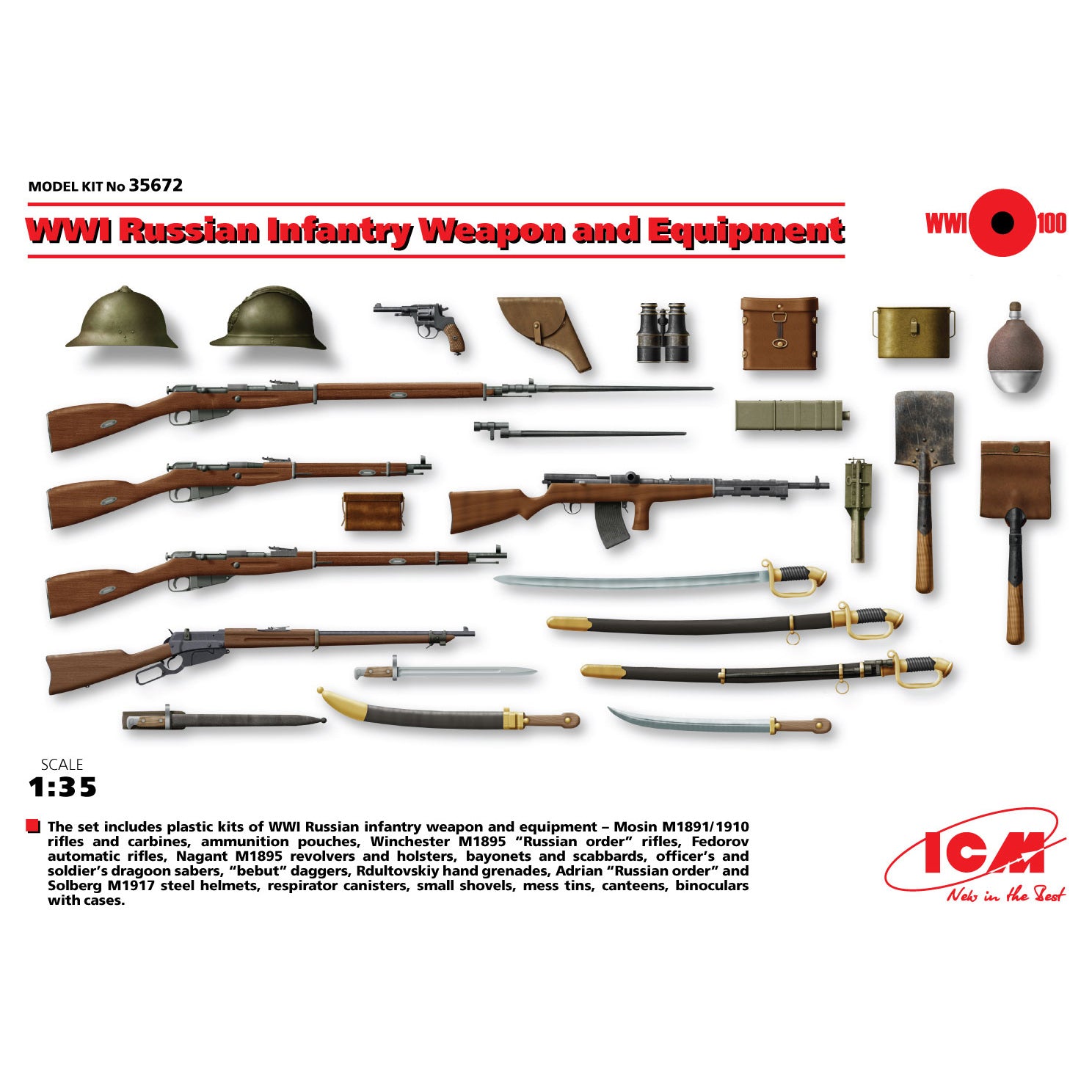 ICM 35672 Plastic model kit Scale 1:35 WWI Russian Infantry weapon and equipment