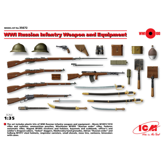 ICM 35672 Plastic model kit Scale 1:35 WWI Russian Infantry weapon and equipment