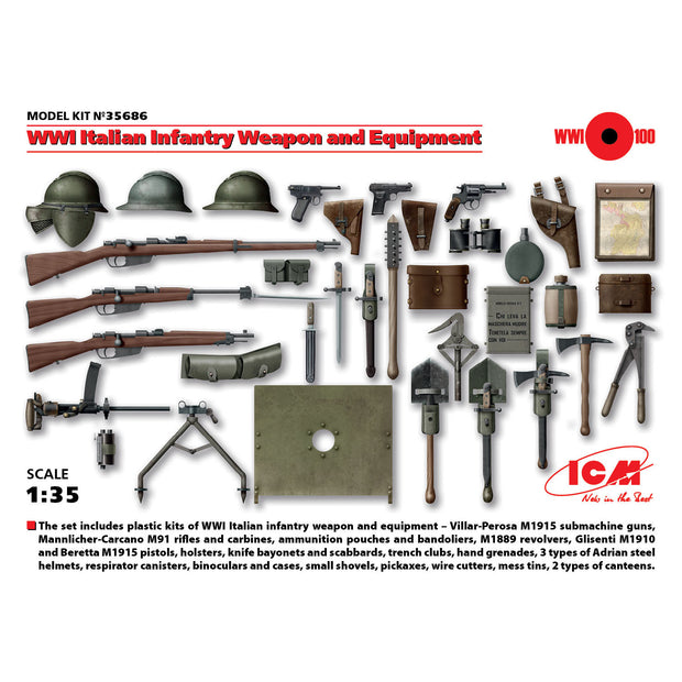 ICM 35686 Plastic model kit Scale 1:35 WWI Italian infantry weapon and equipment