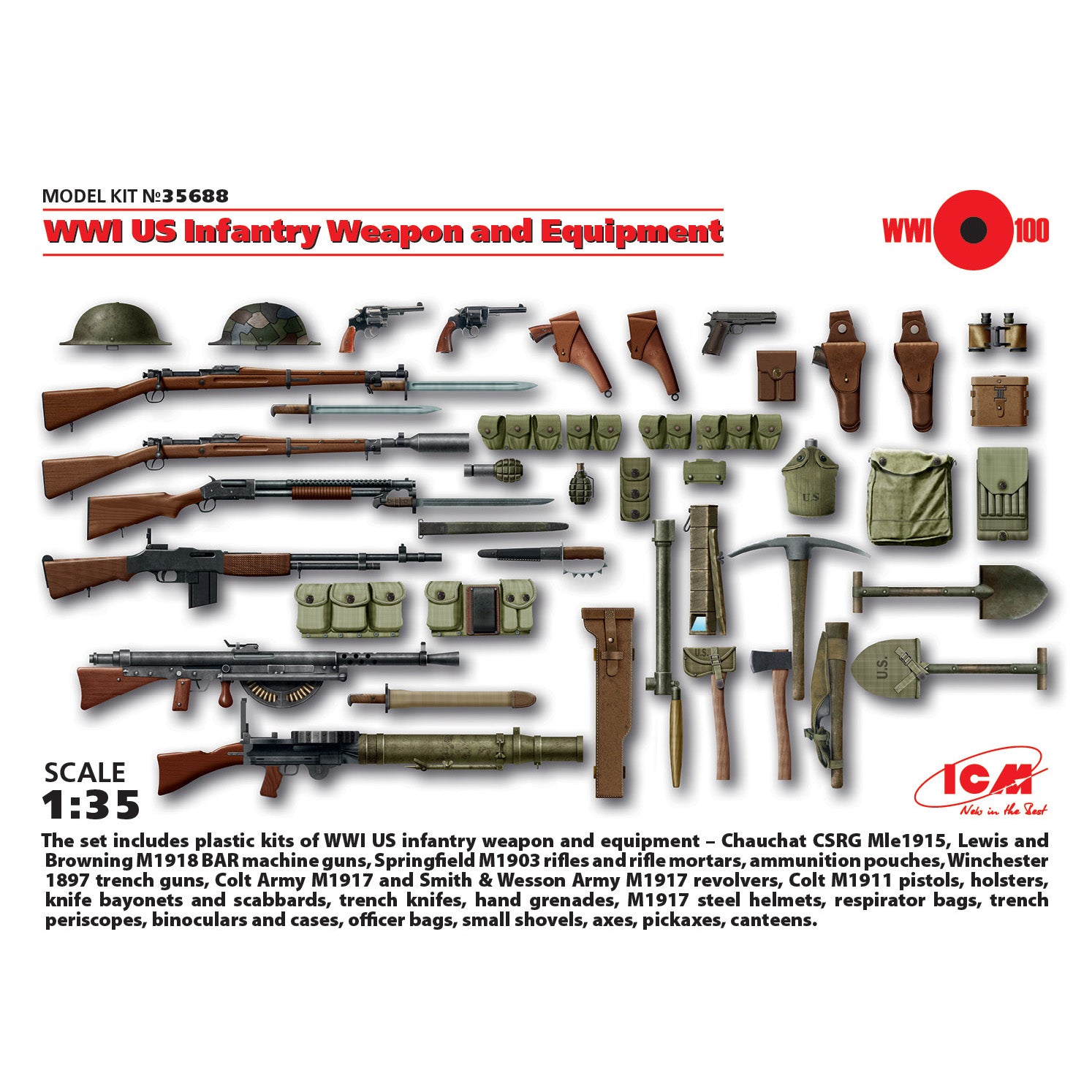 ICM 35688 Plastic model kit Scale 1:35 WWI U.S. Infantry weapon and equipment