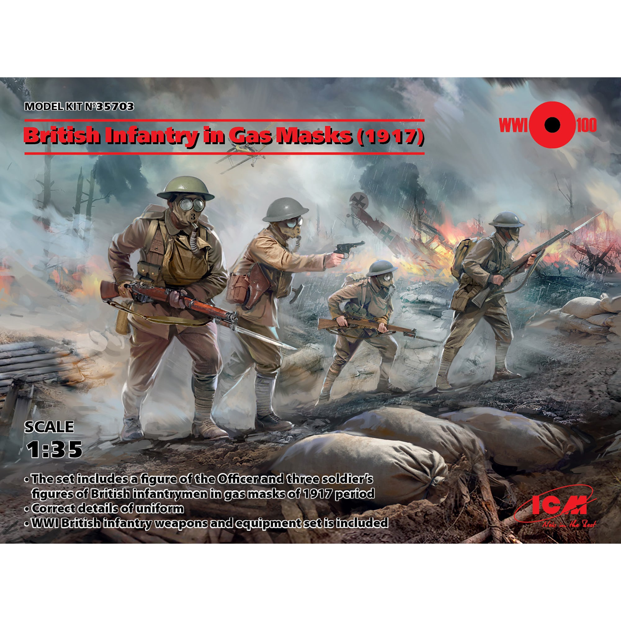 ICM 35703 Plastic model kit Scale 1:35 British infantry in gas masks (1917), WWІ