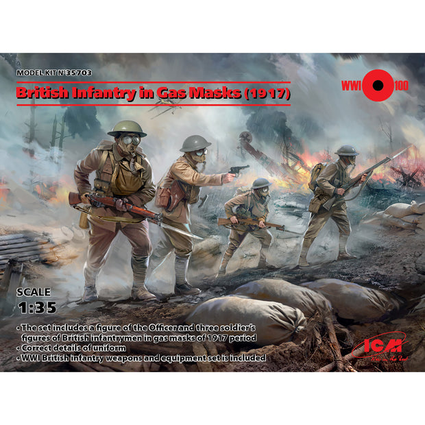 ICM 35703 Plastic model kit Scale 1:35 British infantry in gas masks (1917), WWІ
