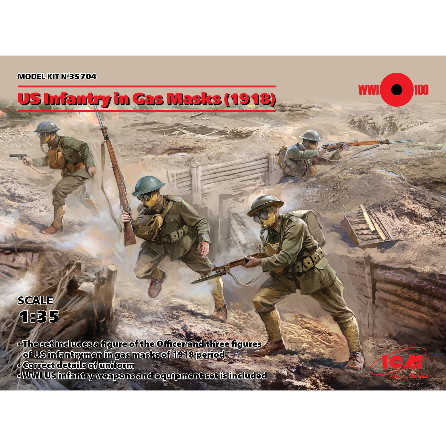 ICM 35704 Plastic model figures kit Scale 1:35 US Infantry in Gas Masks (1918)