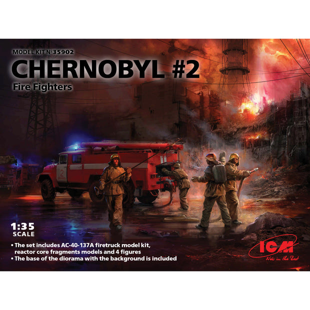 Chernobyl 2. Fire Fighters (AC-40-137A firetruck + 4 figures + diorama base with background) Scale 1/35 ICM 35902