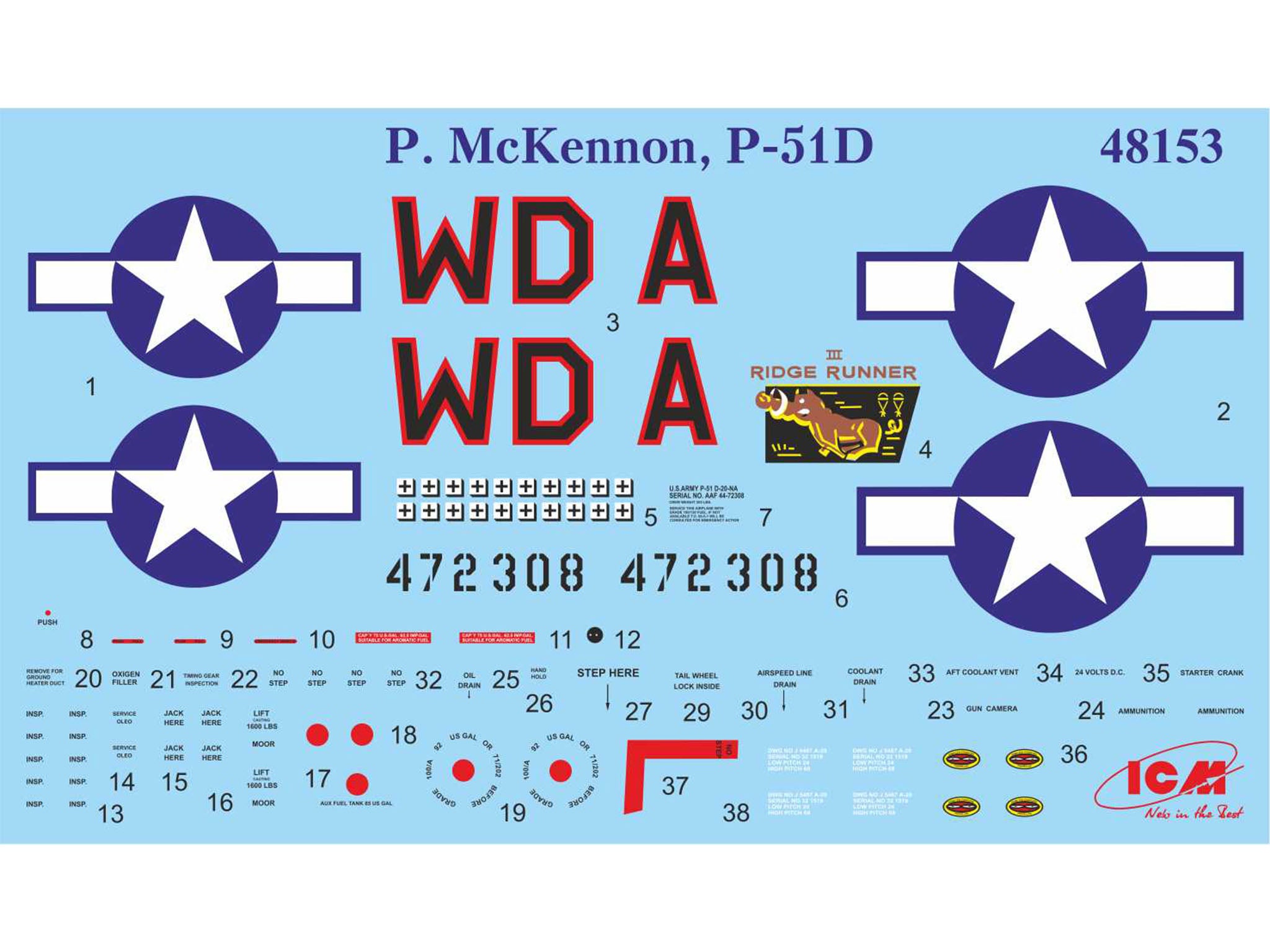 ICM 48153 Plastic model 1:48 Mustang P-51D USAF fighter + US Pilots and technics