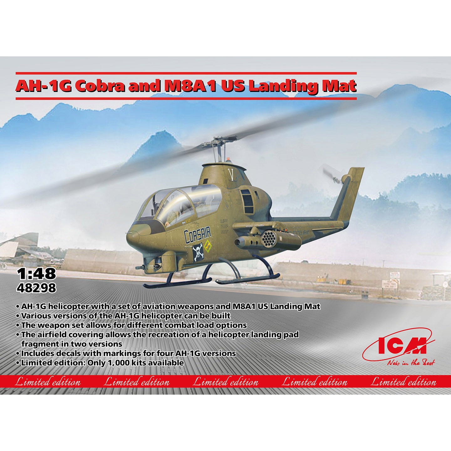 AH-1G Cobra and M8A1 US Landing Mat Scale 1:48 ICM48298 Plastic Model Helicopter Kit