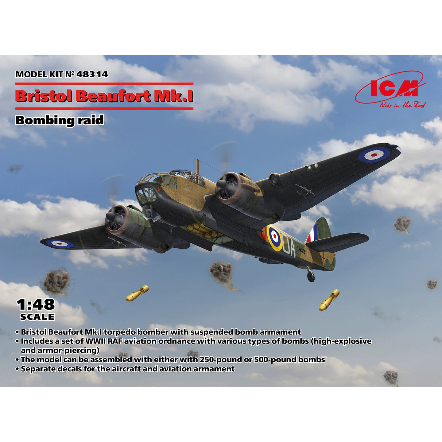 Bristol Beaufort Mk.I. Bombing raid Plastic Model Kit Aircraft 1:48 ICM 48314