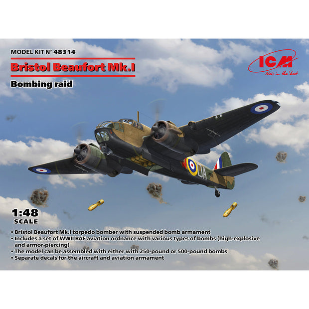 Bristol Beaufort Mk.I. Bombing raid Plastic Model Kit Aircraft 1:48 ICM 48314