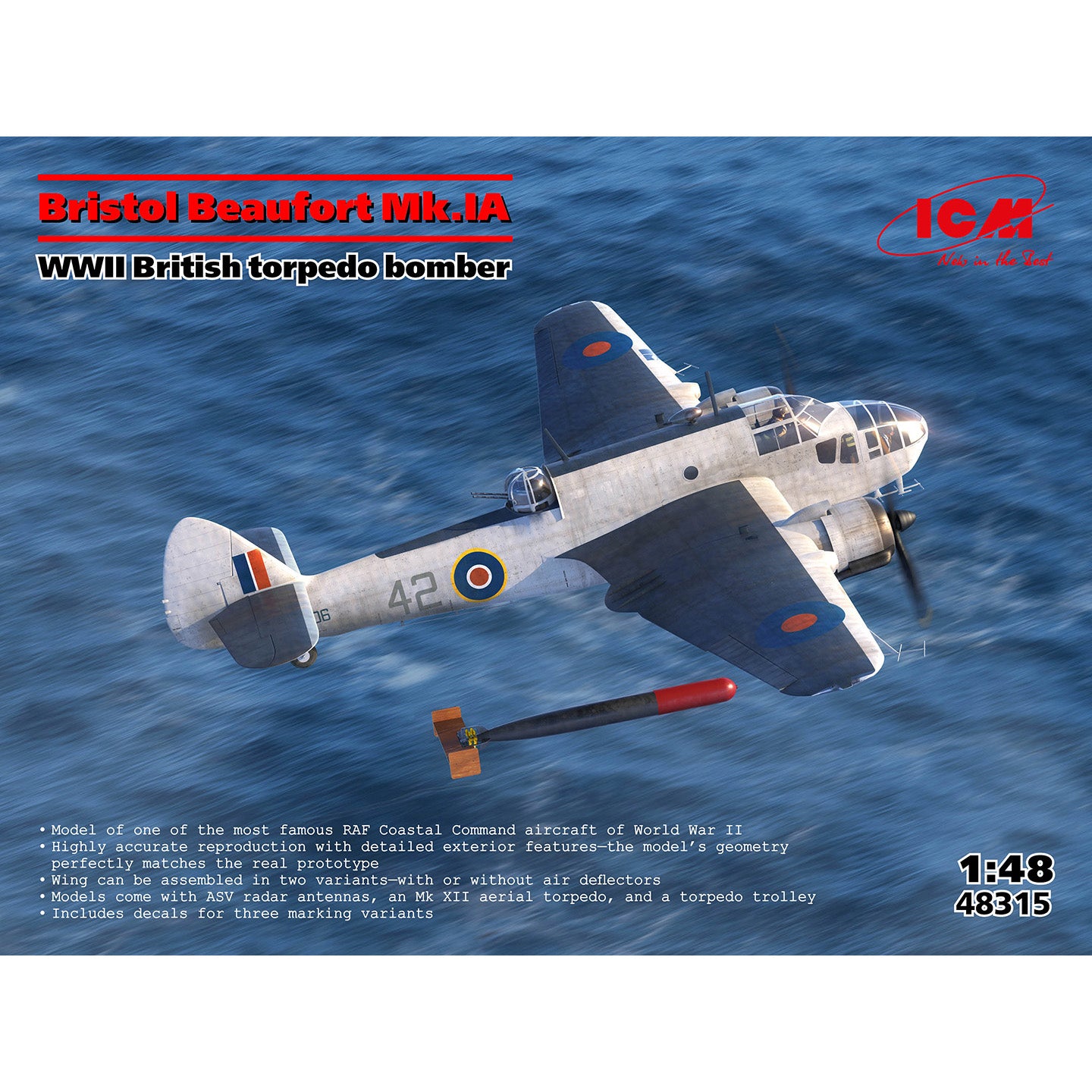 Bristol Beaufort Mk.IA WWII British torpedo bomber Scale 1:48 ICM48315 Plastic Model Aircraft Kit