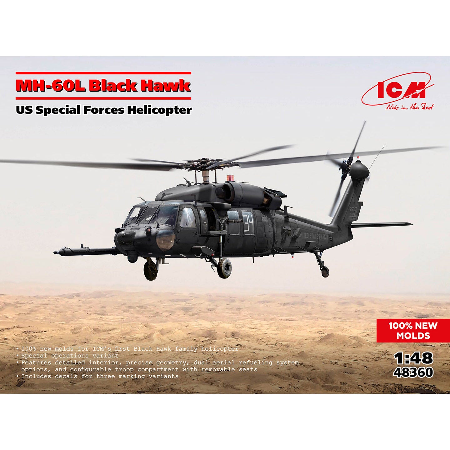 MH-60L Black Hawk
US Special Forces Helicopter Scale 1:48 ICM48360 Plastic Model Helicopter Kit