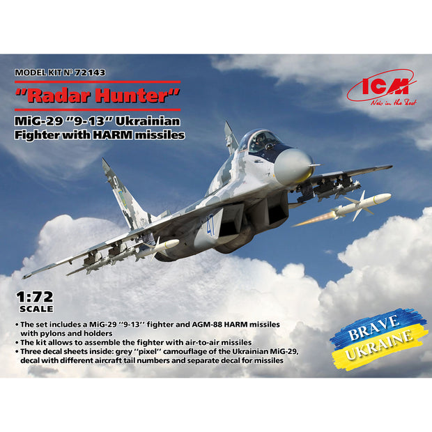 ICM 72143 Scale aicraft 1/72 Radar Hunter MiG-29 “9-13” Ukrainian Fighter HARM