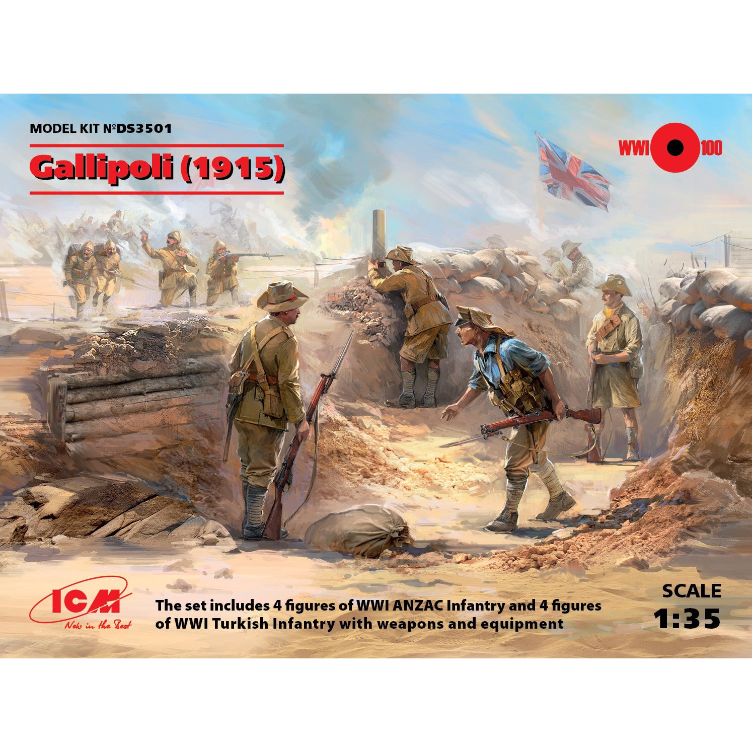 Gallipoli (1915) (ANZAC Infantry (4 figures), Turkish Infantry (4 figures)) Scale 1:35 ICMDS3501 Plastic Model Figures Kit