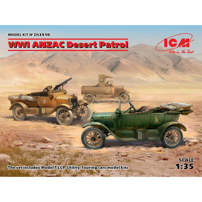 WWI ANZAC Desert Patrol (Model T LCP, Utility, Touring) Scale 1:35 ICMDS3510 Plastic Model Car Kit
