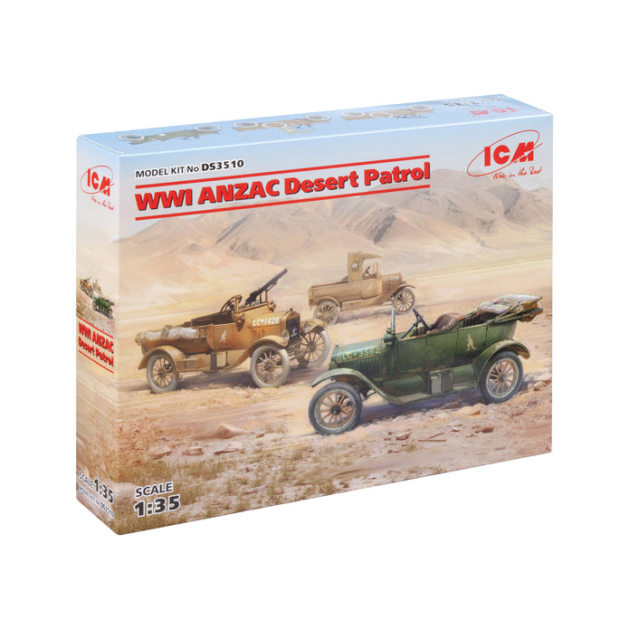 WWI ANZAC Desert Patrol (Model T LCP, Utility, Touring) Scale 1:35 ICMDS3510 Plastic Model Car Kit
