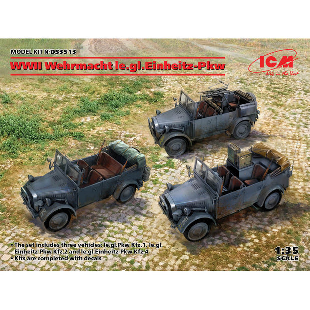WWII Wehrmacht le.gl.Einheitz-Pkw (le.gl.Pkw Kfz.1, le.gl.Einheitz-Pkw Kfz.2, le.gl.Einheitz-Pkw Kfz.4) Scale 1:35 ICMDS3513 Plastic Model Car Kit
