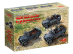 WWII Wehrmacht le.gl.Einheitz-Pkw (le.gl.Pkw Kfz.1, le.gl.Einheitz-Pkw Kfz.2, le.gl.Einheitz-Pkw Kfz.4) Scale 1:35 ICMDS3513 Plastic Model Car Kit