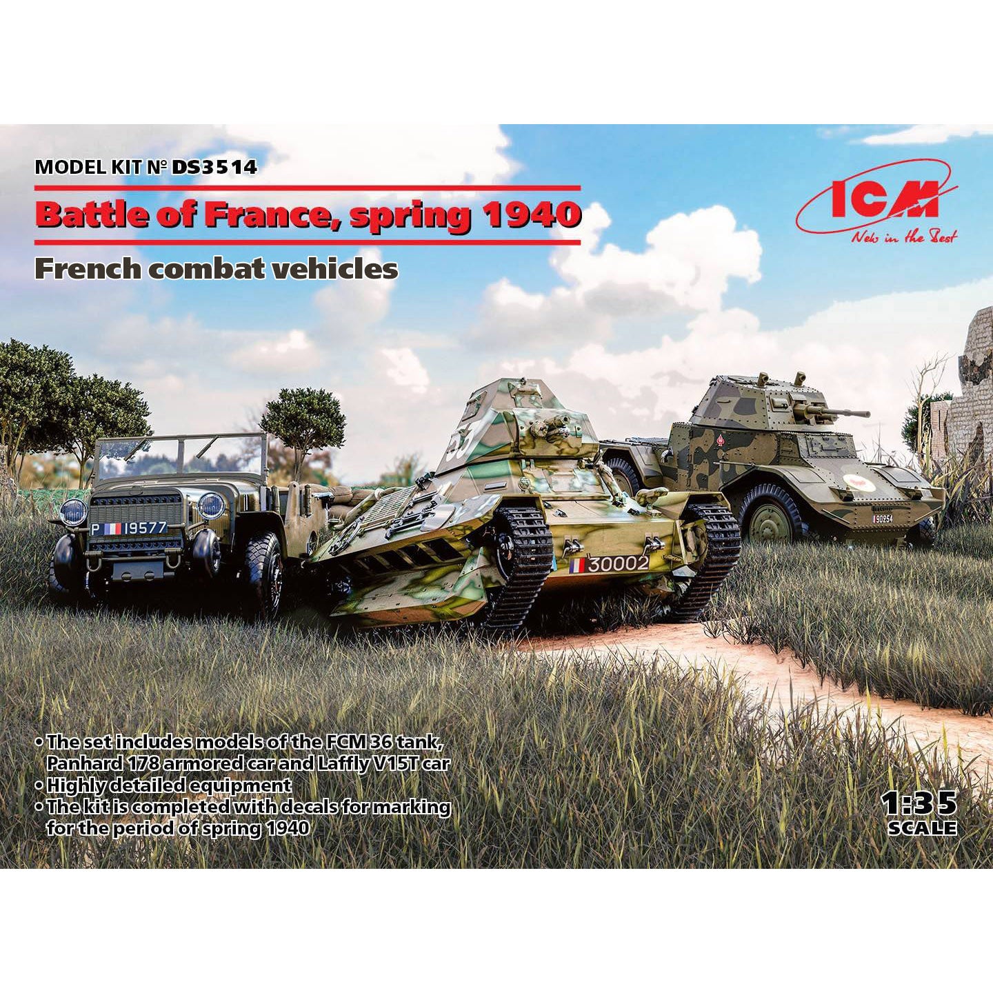 ICM DS3514 model kit 1:35 French combat vehicles Battle France1940 (3 kits box)