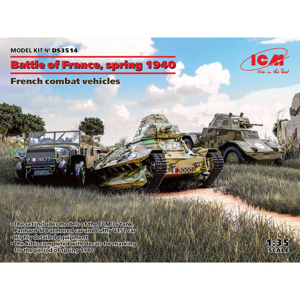 ICM DS3514 model kit 1:35 French combat vehicles Battle France1940 (3 kits box)