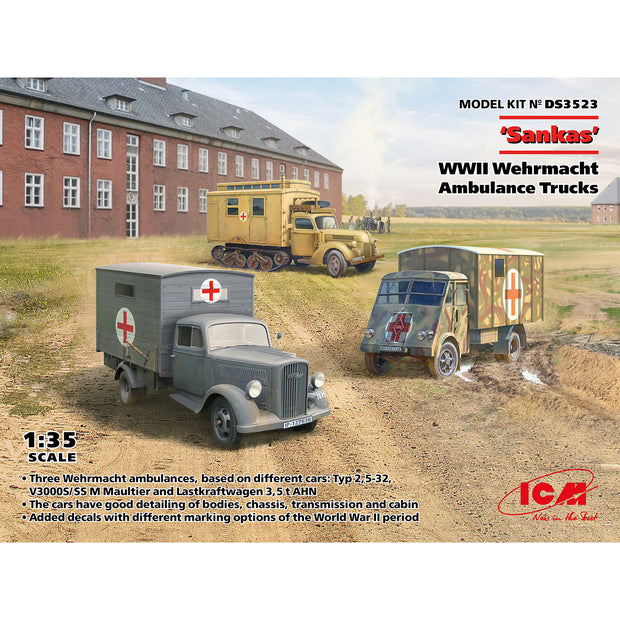 ‘Sankas’ WWII Wehrmacht Ambulance Trucks Plastic Model Kit Scale 1:35 ICM DS3523