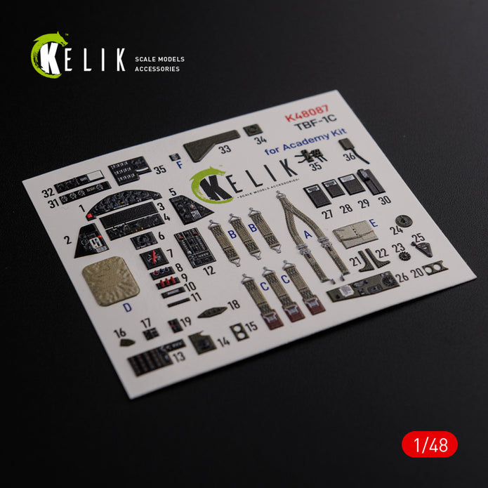 3D Decals Interior Aircraft Grumman TBF-1C Avenger (for Academy Plastic Model Kit) Scale 1:48 KeliK K48087 USA (WW2)