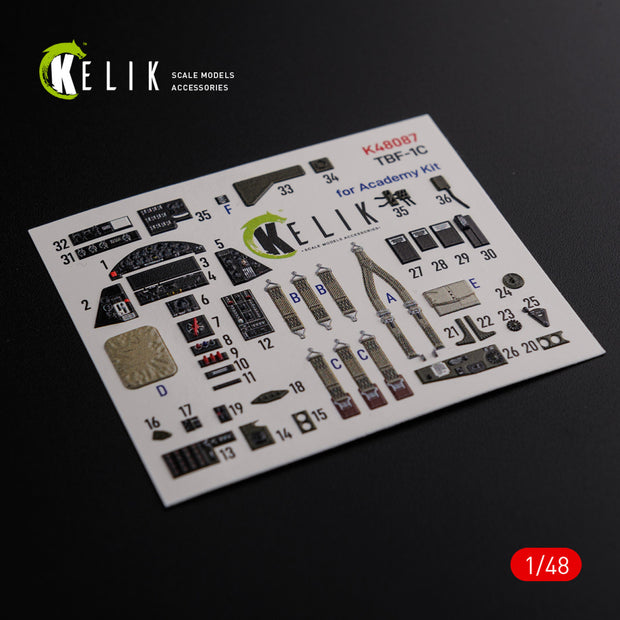 3D Decals Interior Aircraft Grumman TBF-1C Avenger (for Academy Plastic Model Kit) Scale 1:48 KeliK K48087 USA (WW2)