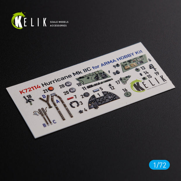 Hawker Hurricane Mk IIC Interior 3D Decals (for Arma Hobby Model kit) Scale 1:72 KeliK K72114 United Kingdom (WW2)