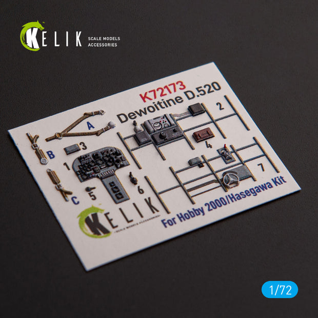 Dewoitine D.520. Interior 3D Decals (for Hobby 2000 / Hasegawa Aircraft model kit) Scale 1:72 KeliK K72173