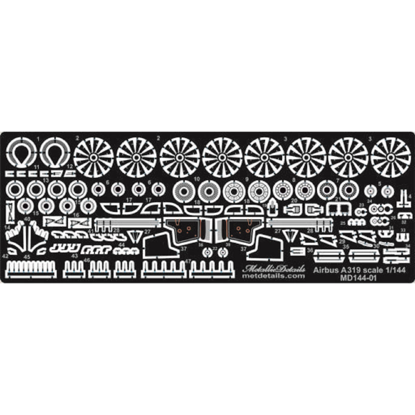 Airbus A319, Exterior - Engines, Fold chassis, Sensors, Winglets, Wipers (Photoetch) Scale 1:144 (Recommended for kit: Revell) Metallic Details MD14401 Detailing set for aircraft model kits
