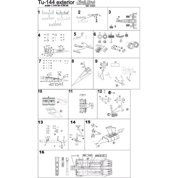 Tupolev Tu-144, Exterior Detailing set for aircraft model kits (Photoetch) Scale 1:144 (Recommended for kit: ICM) Metallic Details MD14403