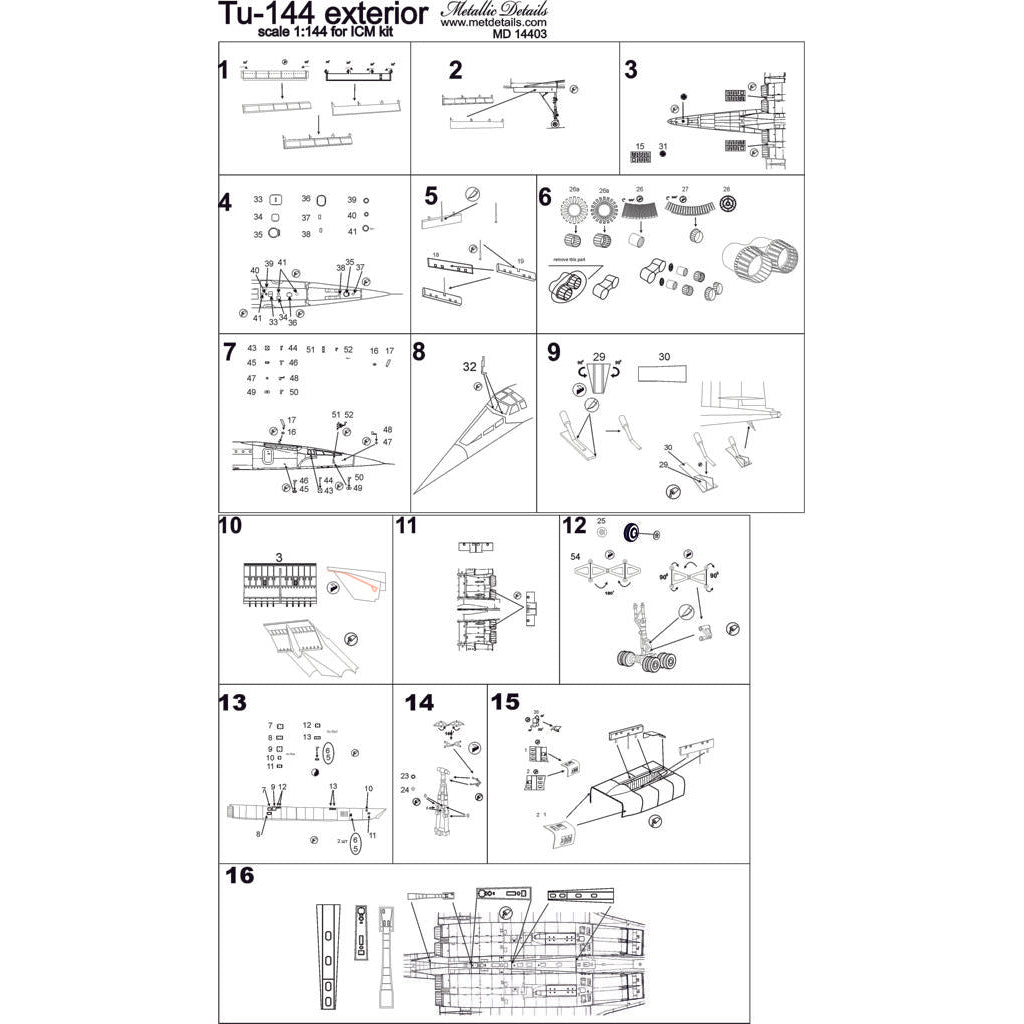 Tupolev Tu-144, Exterior Detailing set for aircraft model kits (Photoetch) Scale 1:144 (Recommended for kit: ICM) Metallic Details MD14403