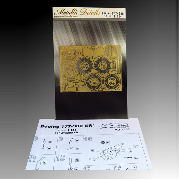 Boeing 777-300 ER, Exterior Detailing set for aircraft model kit (Photoetch) Scale 1:144 (Recommended for kit: Zvezda) Metallic Details MD14405