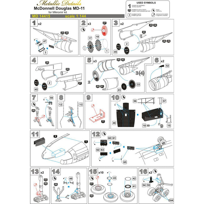 McDonnell Douglas MD-11, Exterior Detailing set for airplane kit models, Scale 1:144 Photoetched and Film with a Color Dashboard (Recommended for kit: MikroMir) Metallic Details MD14415