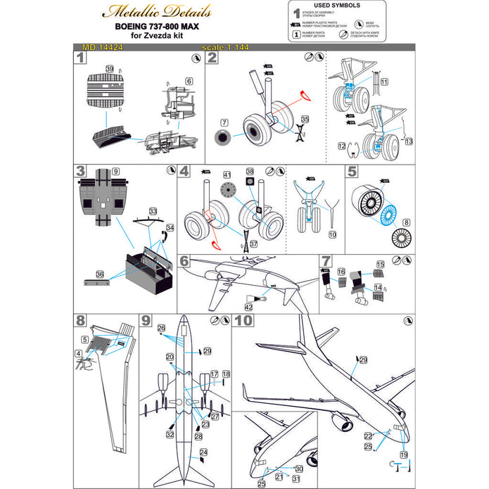Boeing 737 MAX, Detailing set for aircraft model kits Exterior, Scale 1:144 Photoetch (Recommended for kit: Zvezda) Metallic Details MD14424
