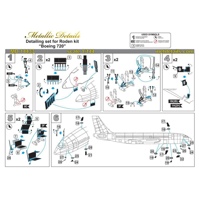 Boeing 720, Exterior Detailing set, Scale 1:144 Photoetch (Recommended for kit: Roden) Metallic Details MD14433 - For aircraft model kit