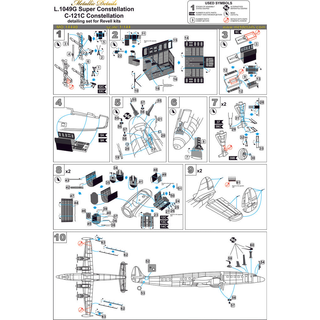 Lockheed L,1049G / C-121C, Detailing set for aircraft models Exterior, Scale 1:144 Resin, Photoetch (Recommended for kit: Revell) Metallic Details MD14440