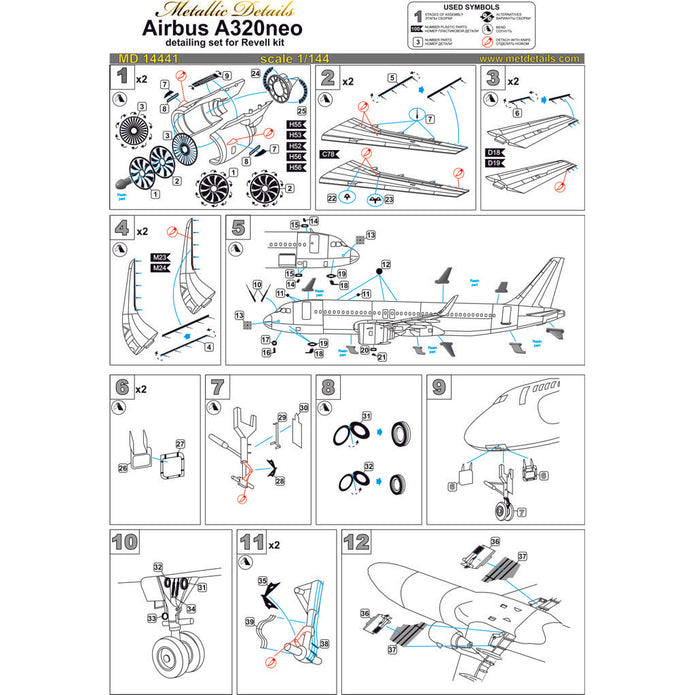 Airbus A320neo, Detailing set for model kit aircraft Exterior, Scale 1:144 Resin, Photoetch (Recommended for kit: Revell) Metallic Details MD14441