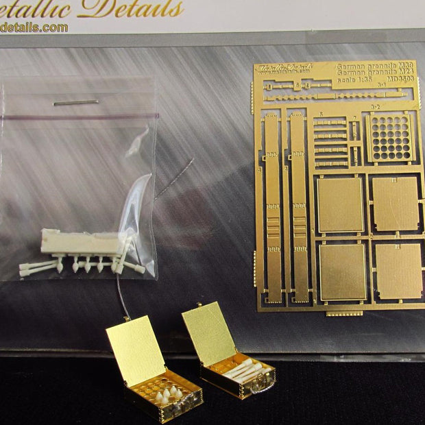 A box of German M39 grenades and a box of M24 grenades, Resin grenades with etched boxes Scale 1:35 Metallic Details MD3503
