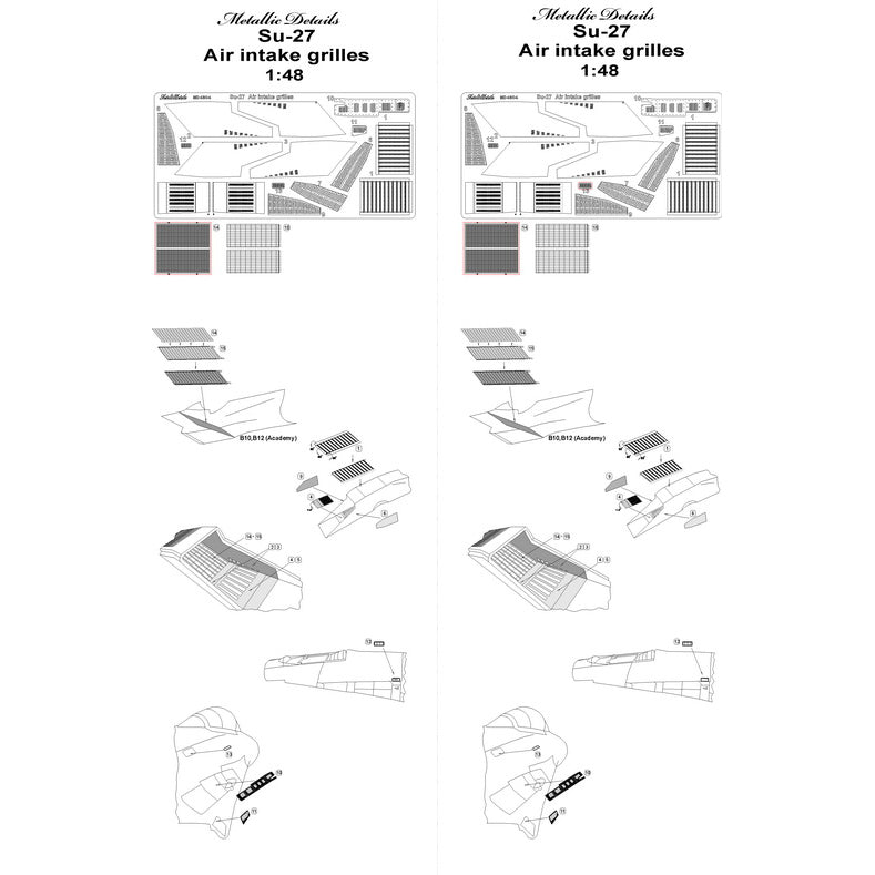 Sukhoi Su-27, Detailing set Air Intake Grilles, Scale 1:48 Photoetch (Recommended for kit: Academy) Metallic Details MD4804 - For model kit aircraft