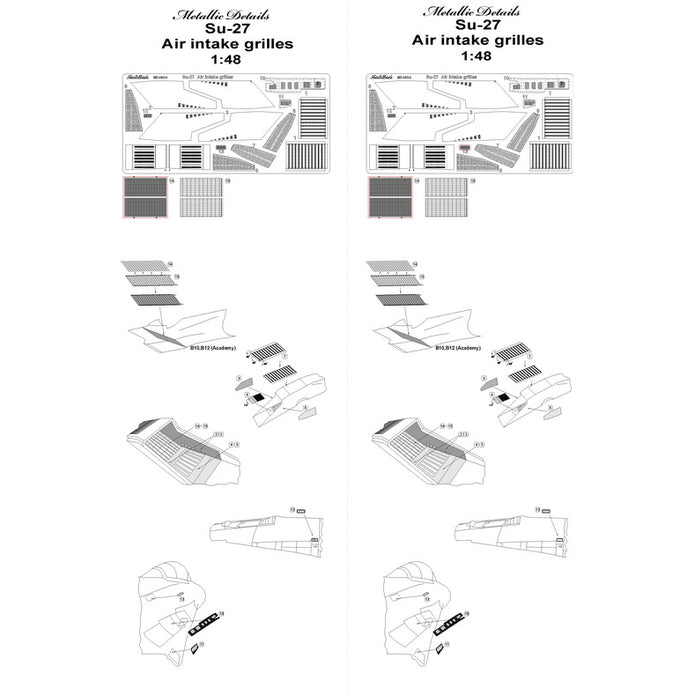 Sukhoi Su-27, Detailing set Air Intake Grilles, Scale 1:48 Photoetch (Recommended for kit: Academy) Metallic Details MD4804 - For model kit aircraft