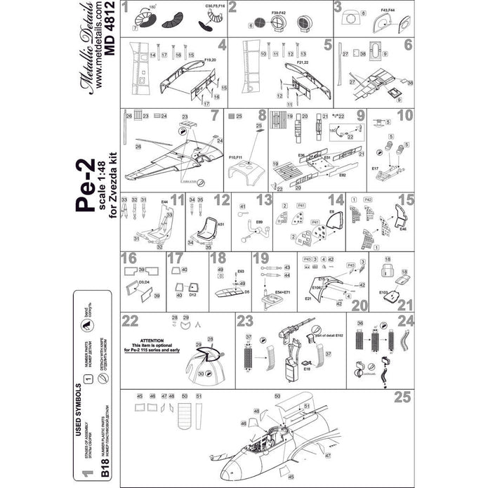 Petlyakov Pe-2, Detailing set for aircraft model Interior and Exterior, Scale 1:48 Photoetch (Recommended for kit: Zvezda) Metallic Details MD4812