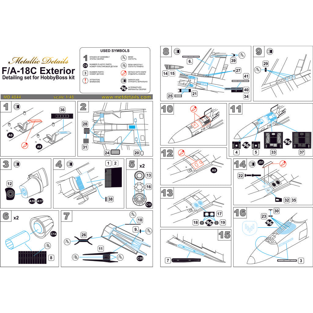 Boeing F/A-18C Hornet, Exterior detailing, Scale 1:48 Photoetch (Recommended for kit: HobbyBoss) Metallic Details MD4844 - For model kit Aircraft
