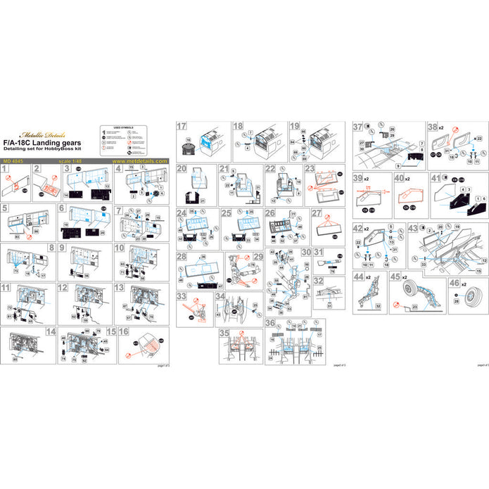 McDonnell-Douglas F/A-18C, Interior Wheel Bays and Landing Gears (for HobbyBoss) Scale 1:48 Metallic Details MD4845