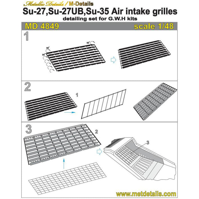 Sukhoi Su-27, Su-27UB, Su-35, Protective Air Intake Grilles, Exterior Details, Scale 1:48 Photoetch (Recommended for kit: Great Wall Hobby) Metallic Details MD4849 - For model kit Aircraft
