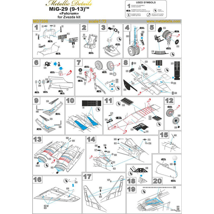 Mikoyan MiG-29. Detailing set for aircraft model Exterior and Interrior (for Zvezda) Scale 1:72 Metallic Details MD7206