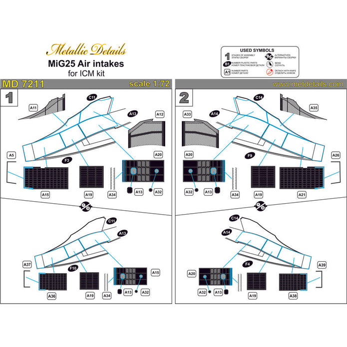 Mikoyan MiG-25, Air Intakes Details set, Scale 1:72 Photoetch Metallic Details MD7211 - For model kit Aircraft
