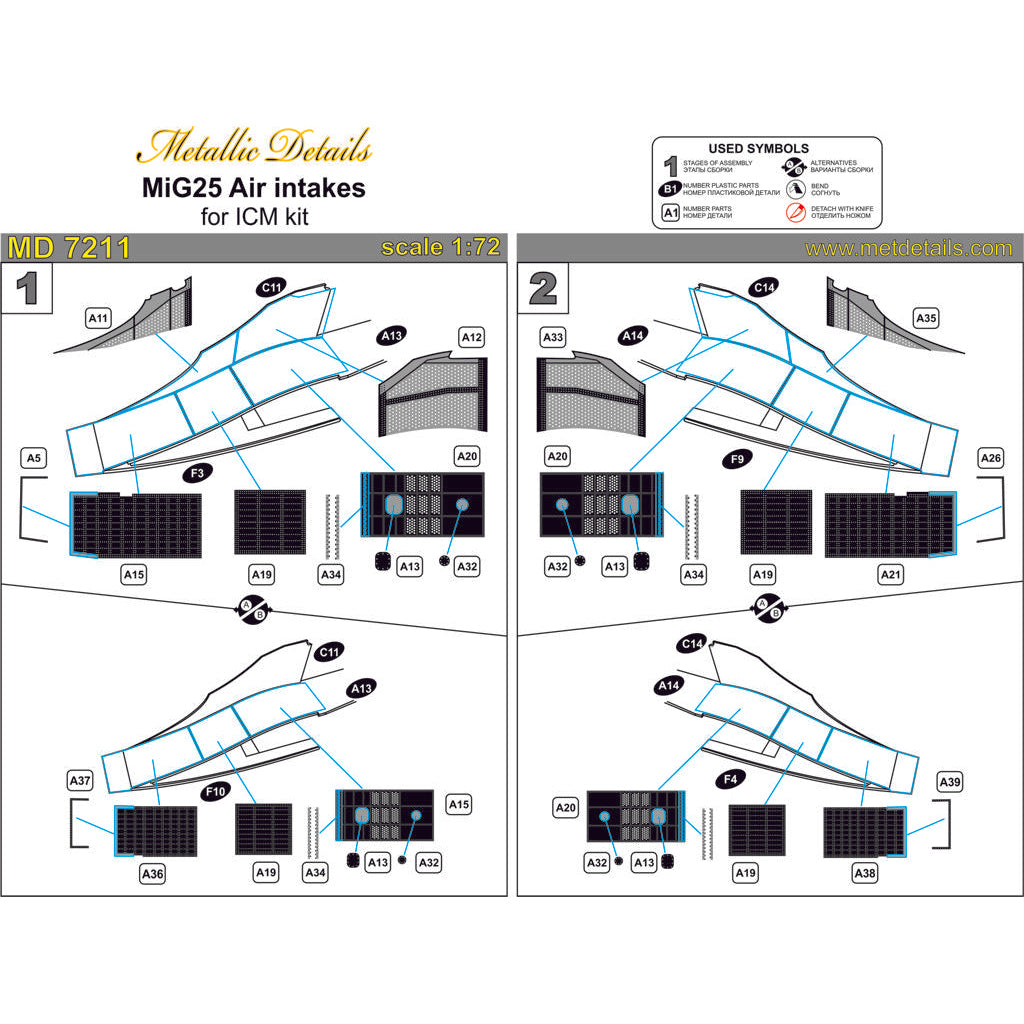 Mikoyan MiG-25, Air Intakes Details set, Scale 1:72 Photoetch Metallic Details MD7211 - For model kit Aircraft