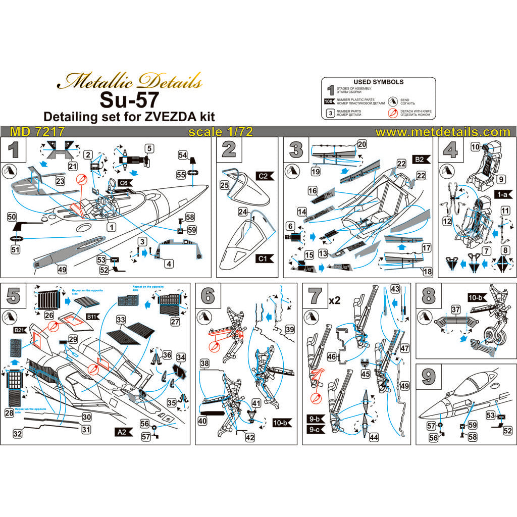 Sukhoi Su-57 Detailing set for aircraft model Exterior and Interrior (for Zvezda) Scale 1:72 Metallic Details MD7217