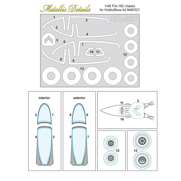 McDonnell-Douglas F/A-18C, Hornet Canopy Paint Mask Scale 1:48 (Recommended for kit: HobbyBoss) Metallic Details MDM4801 - For Model Kit Aircraft